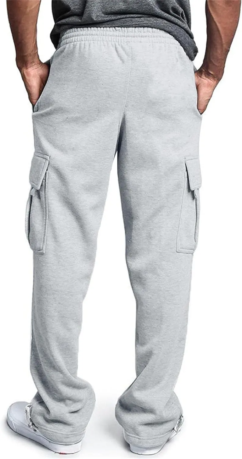 Mens Fleece Cargo Pants Elastic Waist Drawstring Sweatpants Stretch Plain Overalls Casual Loose Fit Athletic Trousers