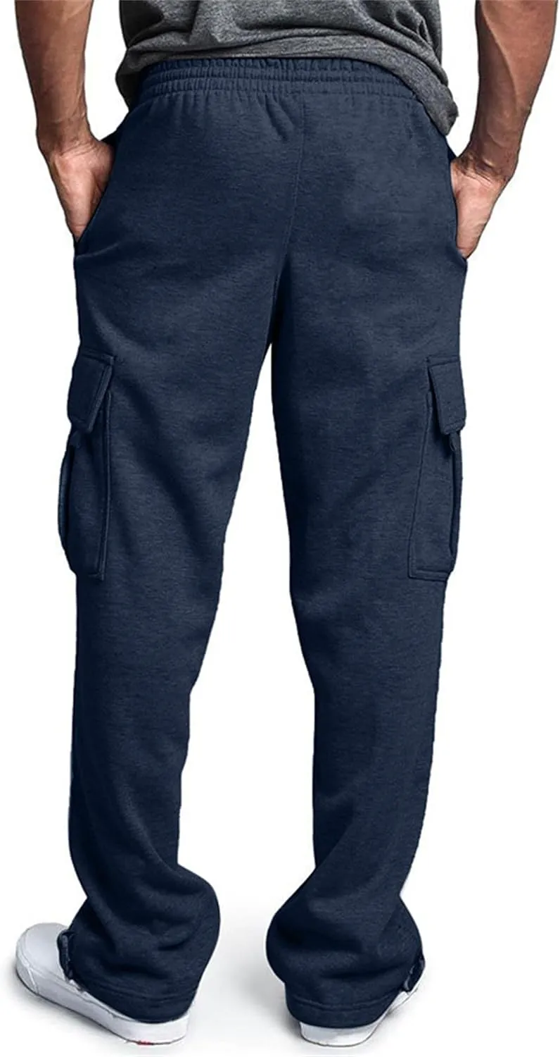 Mens Fleece Cargo Pants Elastic Waist Drawstring Sweatpants Stretch Plain Overalls Casual Loose Fit Athletic Trousers