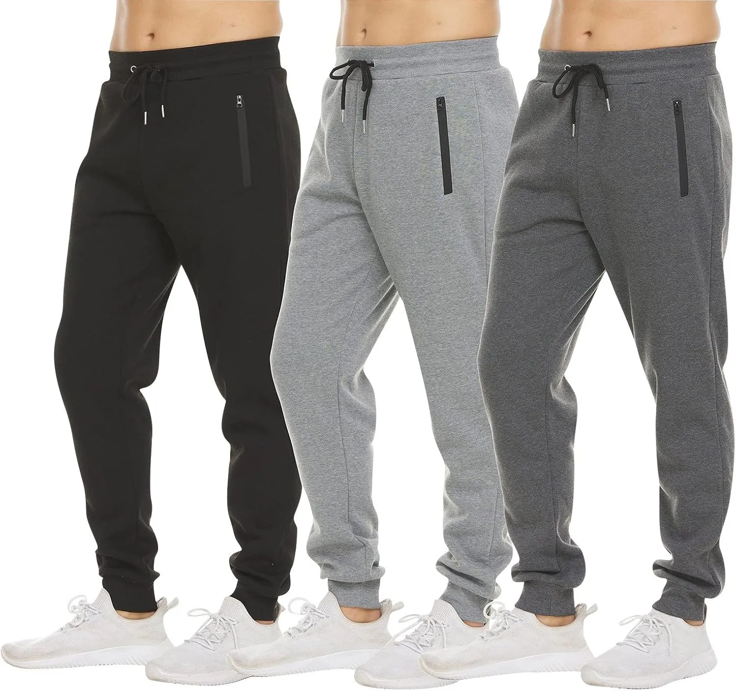 Mens Fleece Cargo Sweatpants Loose Fit Elastic Waist Drawstring Athletic Baggy Jogger Sweat Pants Zipper Pocket