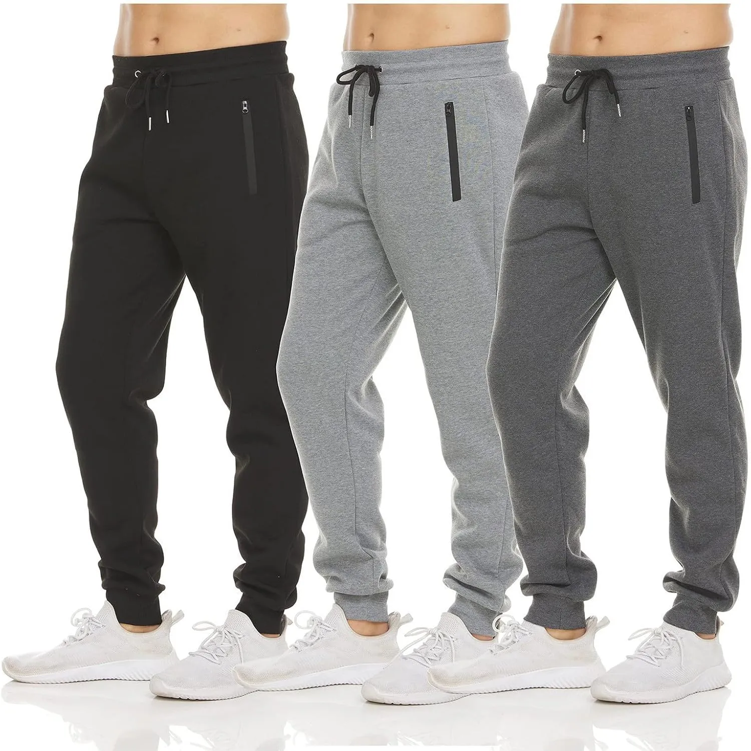 Mens Fleece Cargo Sweatpants Loose Fit Elastic Waist Drawstring Athletic Baggy Jogger Sweat Pants Zipper Pocket