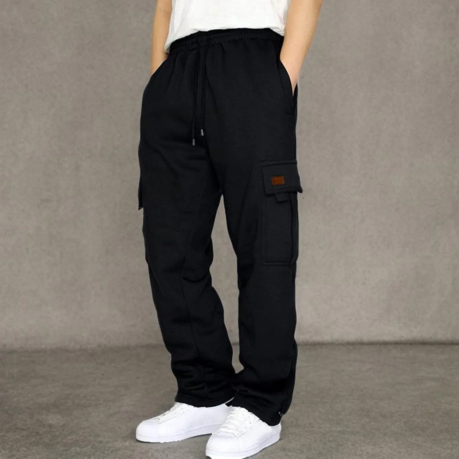 Men's Heavyweight Cargo Fleece Sweatpants Stretch Elastic Waist Trousers Drawstring Loose Fit Joggers with Pockets