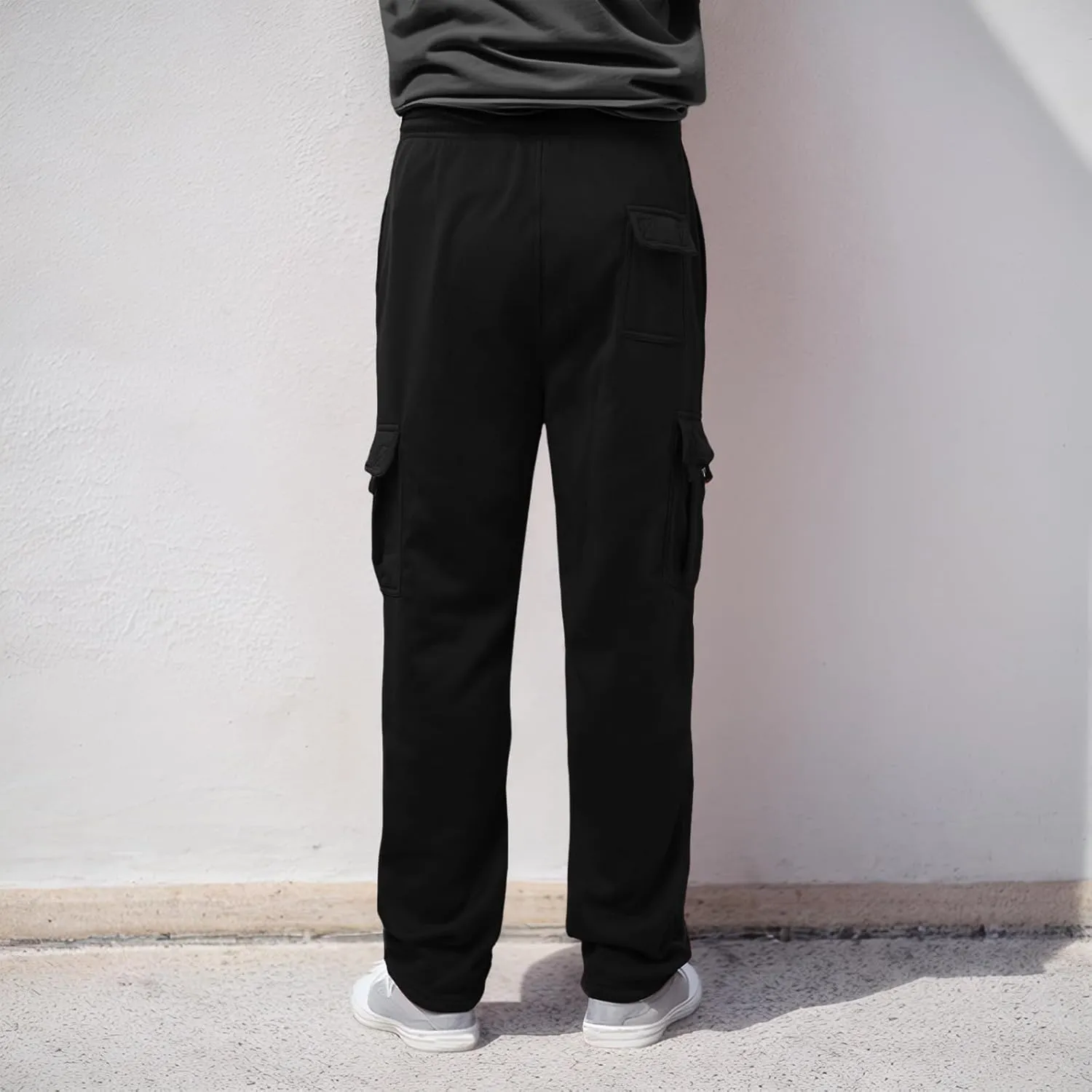 Men's Heavyweight Cargo Fleece Sweatpants Stretch Elastic Waist Trousers Drawstring Loose Fit Joggers with Pockets