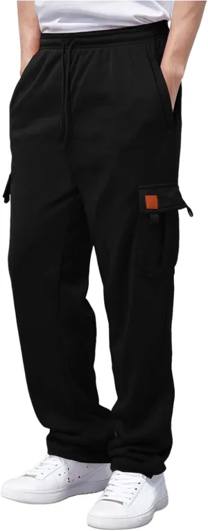 Men's Heavyweight Cargo Fleece Sweatpants Stretch Elastic Waist Trousers Drawstring Loose Fit Joggers with Pockets
