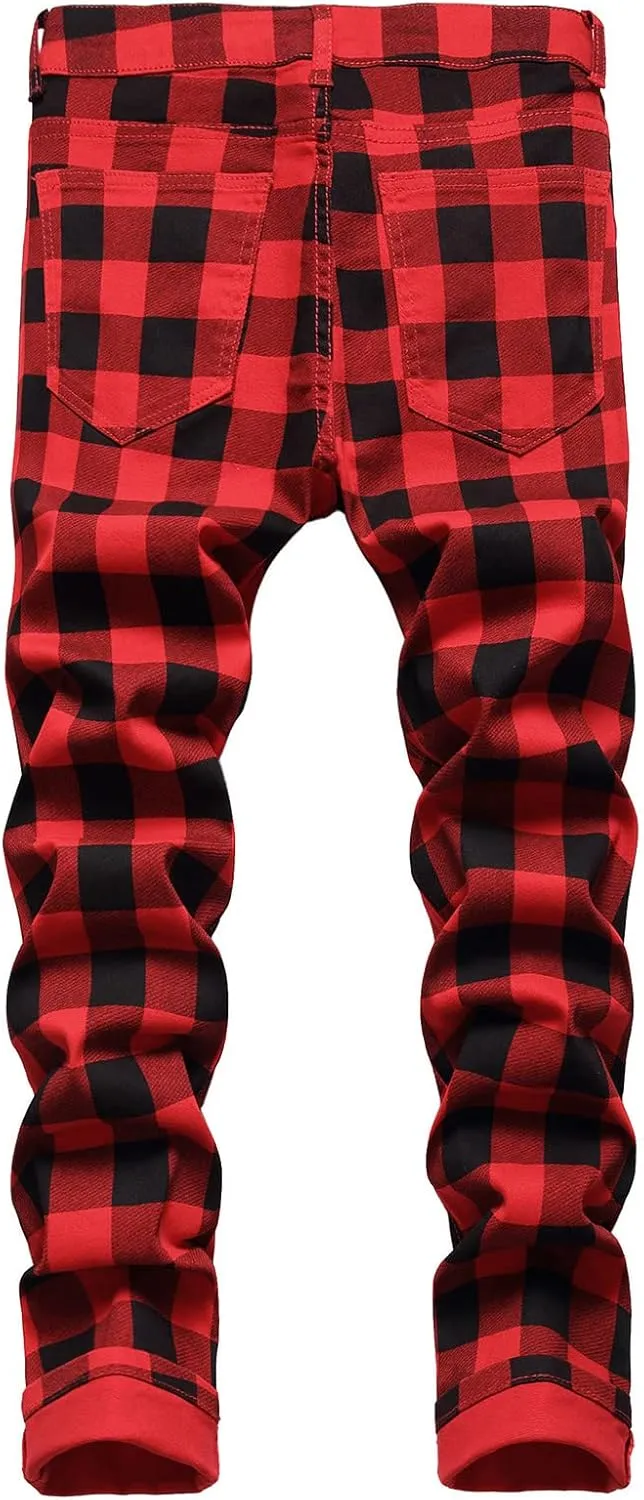 Mens Jeans Straight Fit Tapered Legs Plaid Print Pants Loose Denim Pants Lightweight Skinny Jeans Tapered Trousers