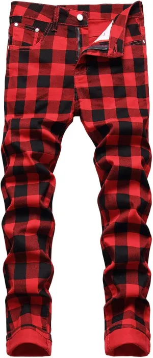 Mens Jeans Straight Fit Tapered Legs Plaid Print Pants Loose Denim Pants Lightweight Skinny Jeans Tapered Trousers