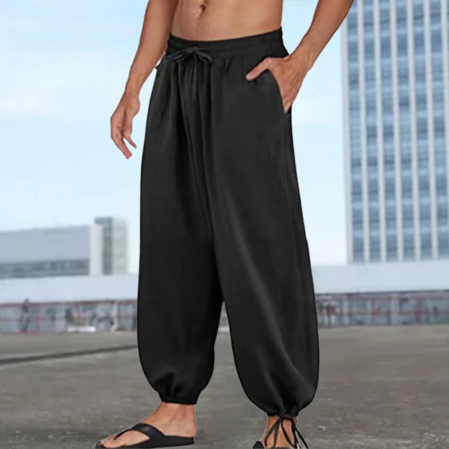 Mens Linen Beach Pants Casual Loose Fit Trousers Solid Elastic Waist Drawstring Slacks Summer Vacation Tapered Pants