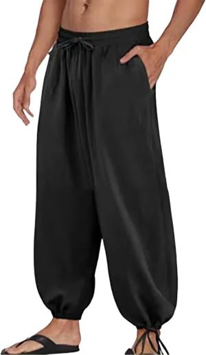 Mens Linen Beach Pants Casual Loose Fit Trousers Solid Elastic Waist Drawstring Slacks Summer Vacation Tapered Pants