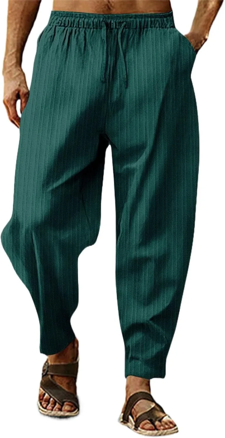 Mens Linen Cotton Yoga Casual Pants for Summer Drawstring Beach Trousers Loose Fit Baggy Lounge Jogger Sweatpants