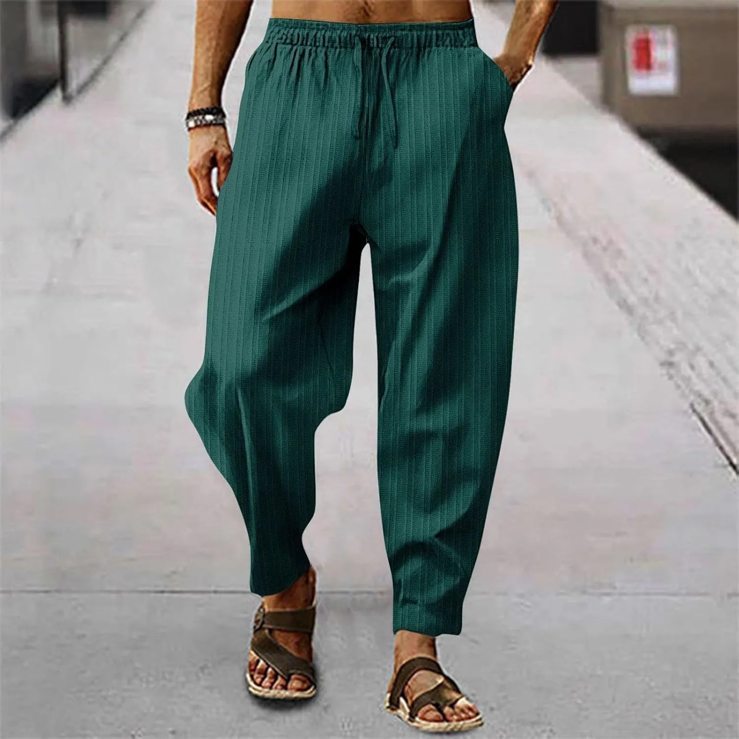 Mens Linen Cotton Yoga Casual Pants for Summer Drawstring Beach Trousers Loose Fit Baggy Lounge Jogger Sweatpants