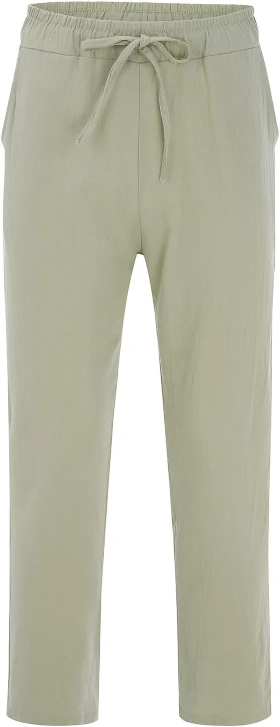 Men's Linen Pants Drawstring Elastic Waist Trousers Loose Fit Summer Beach Pant Outdoor Athletic Hiking Joggers