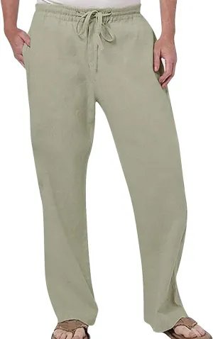 Men's Linen Pants Drawstring Elastic Waist Trousers Loose Fit Summer Beach Pant Outdoor Athletic Hiking Joggers