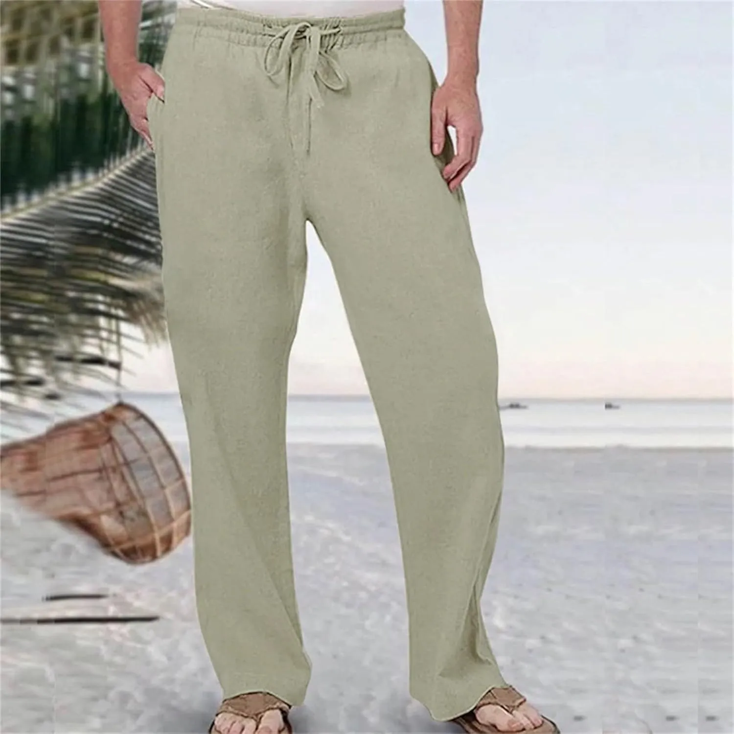Men's Linen Pants Drawstring Elastic Waist Trousers Loose Fit Summer Beach Pant Outdoor Athletic Hiking Joggers