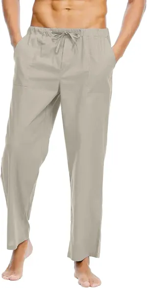 Mens Linen Pants High Waisted Wide Leg Loose Fit Casual Pants Lightweight Straight Leg Beach Yoga Trousers Pocket