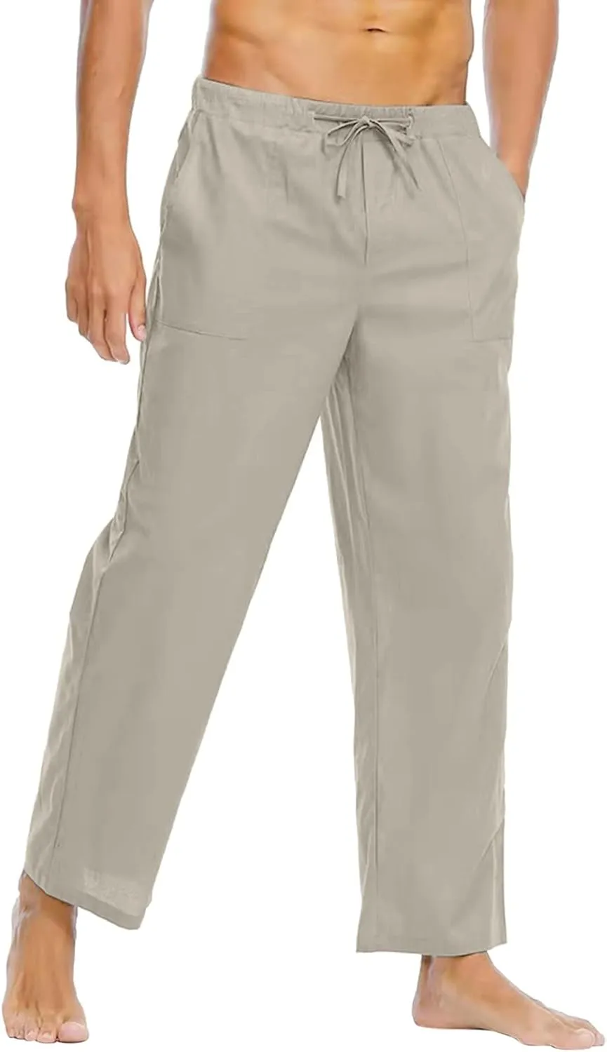 Mens Linen Pants High Waisted Wide Leg Loose Fit Casual Pants Lightweight Straight Leg Beach Yoga Trousers Pocket