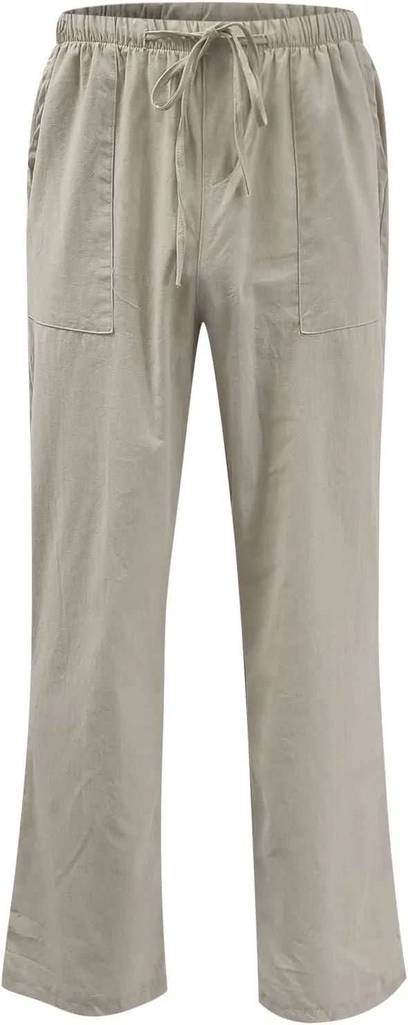 Mens Linen Pants High Waisted Wide Leg Loose Fit Casual Pants Lightweight Straight Leg Beach Yoga Trousers Pocket
