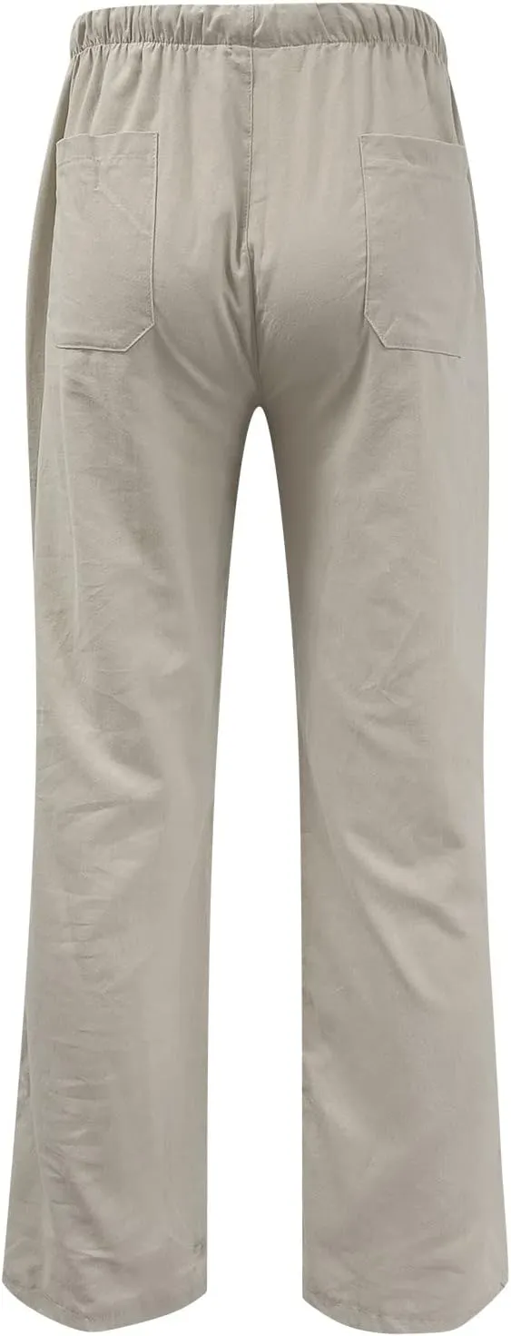 Mens Linen Pants High Waisted Wide Leg Loose Fit Casual Pants Lightweight Straight Leg Beach Yoga Trousers Pocket
