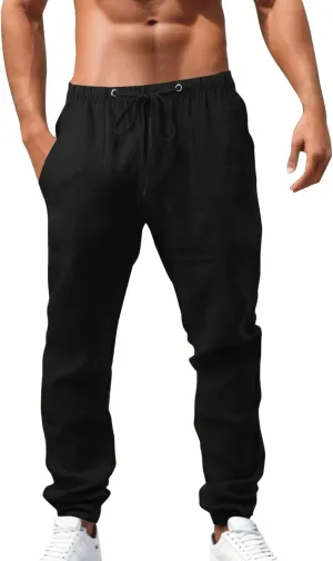 Mens Linen Pants Loose Fit Drawstring Trousers Straight Leg Workout Sport Pants Hiking Outdoor Joggers