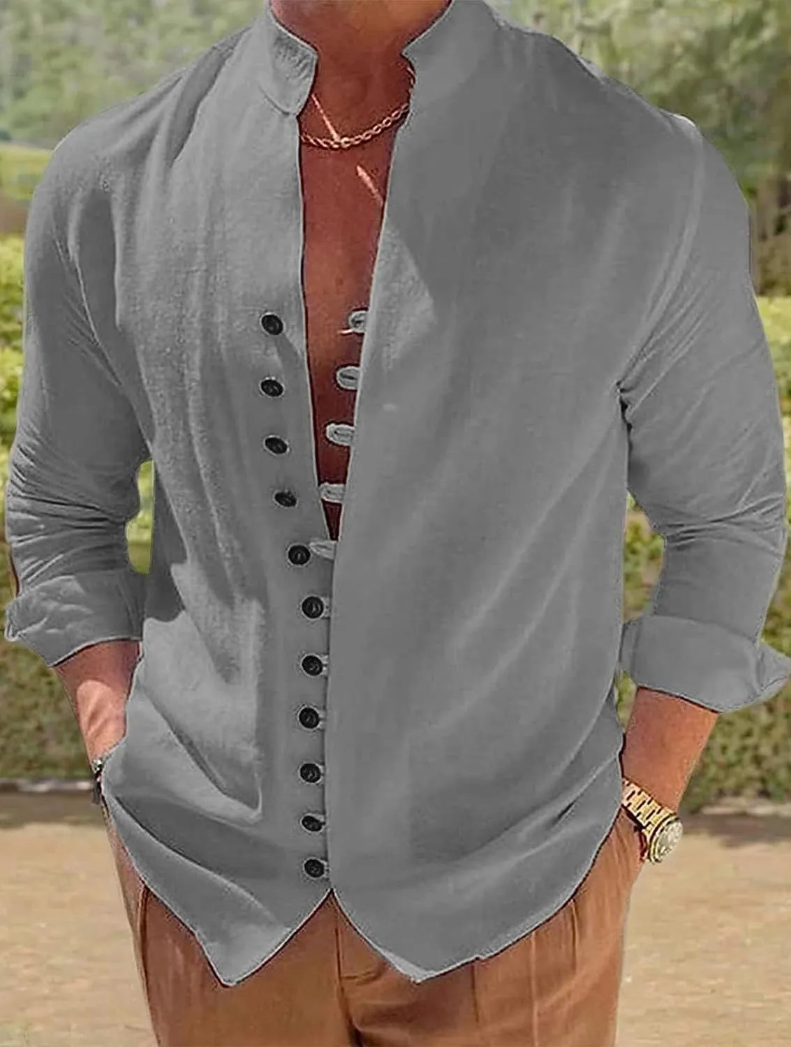 Mens Long Sleeve Linen Shirt Button up Loose fit Vintage Shirts Banded Collar high Elastic Tops Henley Shirt