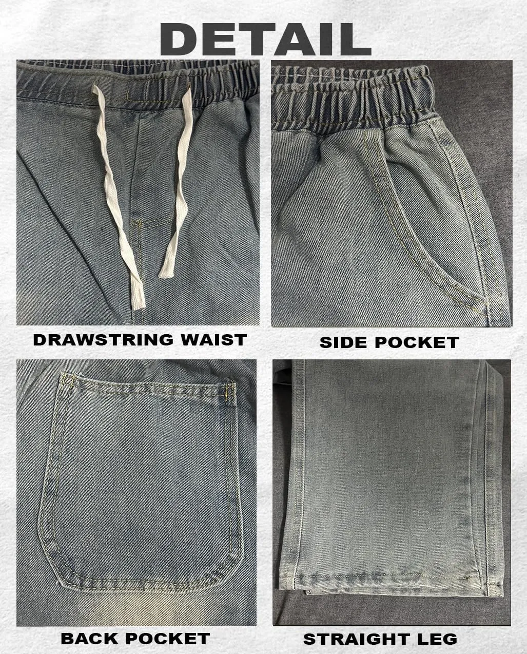 Men's Regular Fit Straight Leg Jeans Casual Drawstring Elastic Waist Denim Pants Lightweight Denim Trouser