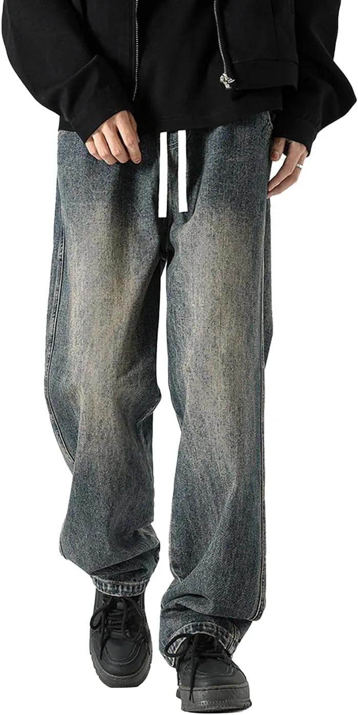 Men's Regular Fit Straight Leg Jeans Casual Drawstring Elastic Waist Denim Pants Lightweight Denim Trouser