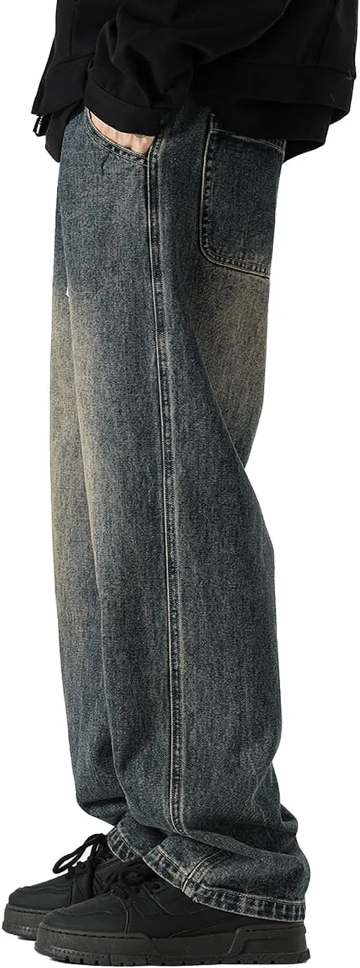 Men's Regular Fit Straight Leg Jeans Casual Drawstring Elastic Waist Denim Pants Lightweight Denim Trouser