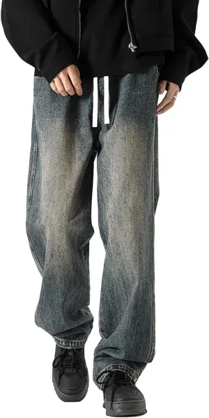 Men's Regular Fit Straight Leg Jeans Casual Drawstring Elastic Waist Denim Pants Lightweight Denim Trouser