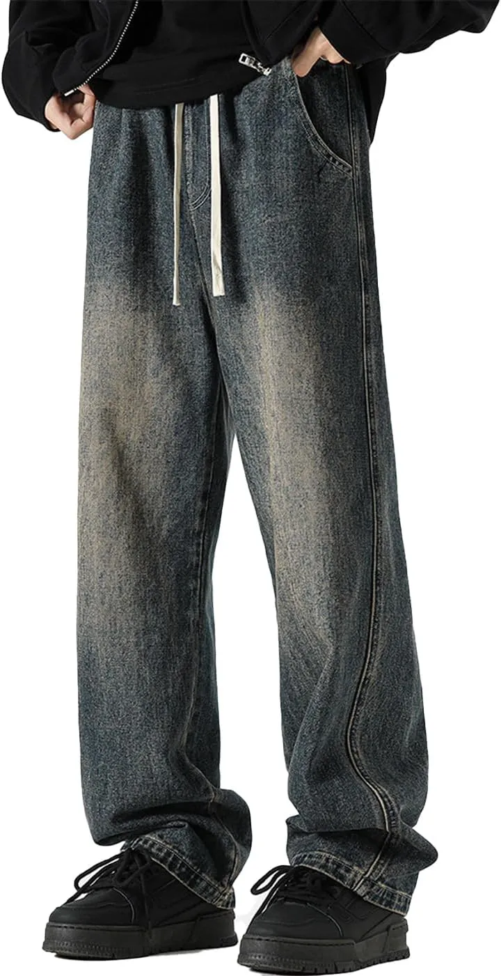 Men's Regular Fit Straight Leg Jeans Casual Drawstring Elastic Waist Denim Pants Lightweight Denim Trouser