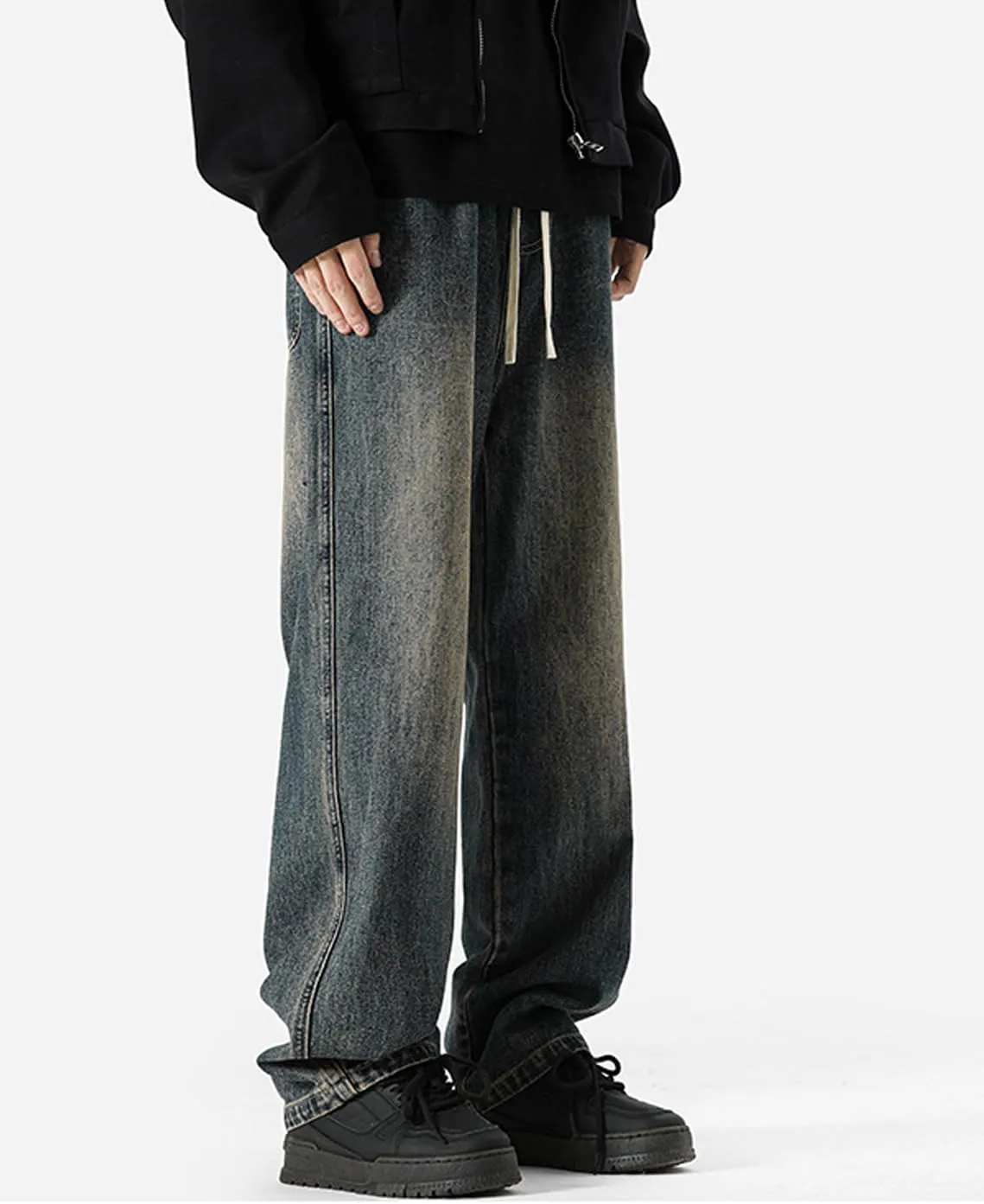 Men's Regular Fit Straight Leg Jeans Casual Drawstring Elastic Waist Denim Pants Lightweight Denim Trouser