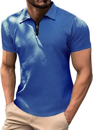 Men's Textured Polo Shirt Short Sleeve Zip Up Collar Business Casual Loungewear Solid Color Quick Dry Travel Office Blouse