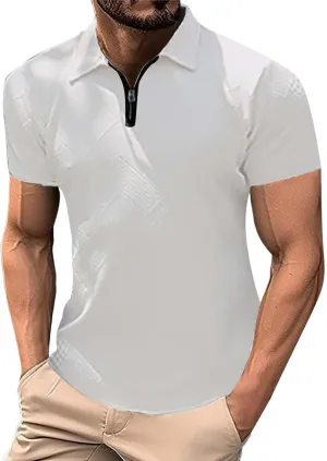 Men's Textured Polo Shirt Short Sleeve Zip Up Collar Business Casual Loungewear Solid Color Quick Dry Travel Office Blouse