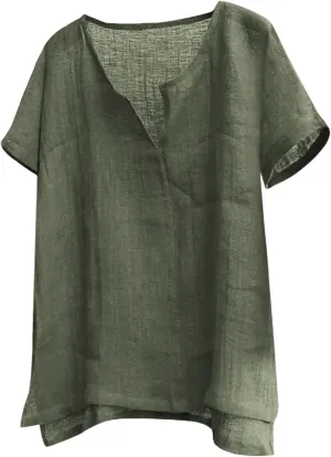 Mens V-Neck Henley Shirt Short Sleeve Collarless T Shirt Cotton Linen Solid Color Shirts Plus Size Fit Flowy Beach Tops