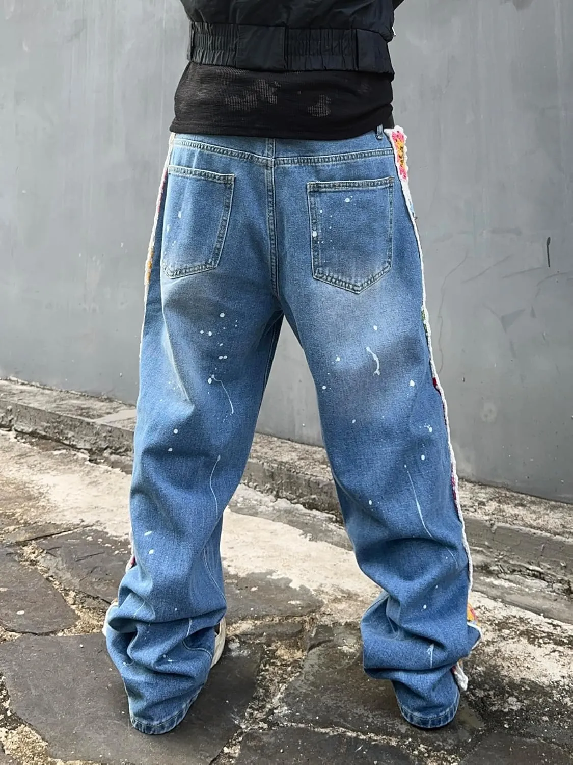 Mens Womens Ripped Baggy Jeans Floral Crochet Wide Leg Denim Pants Casual Loose Distressed Destroyed Jeans