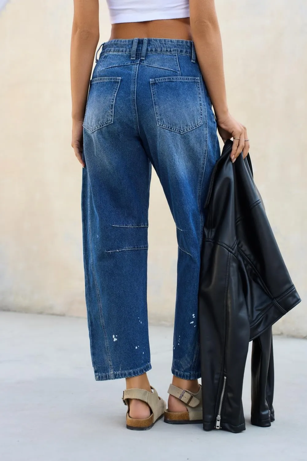 Mid Rise Barrel Jeans for Women Wide Leg Mid Waist Cropped Denim Pants Y2k Baggy Boyfriend Jeans with Pockets