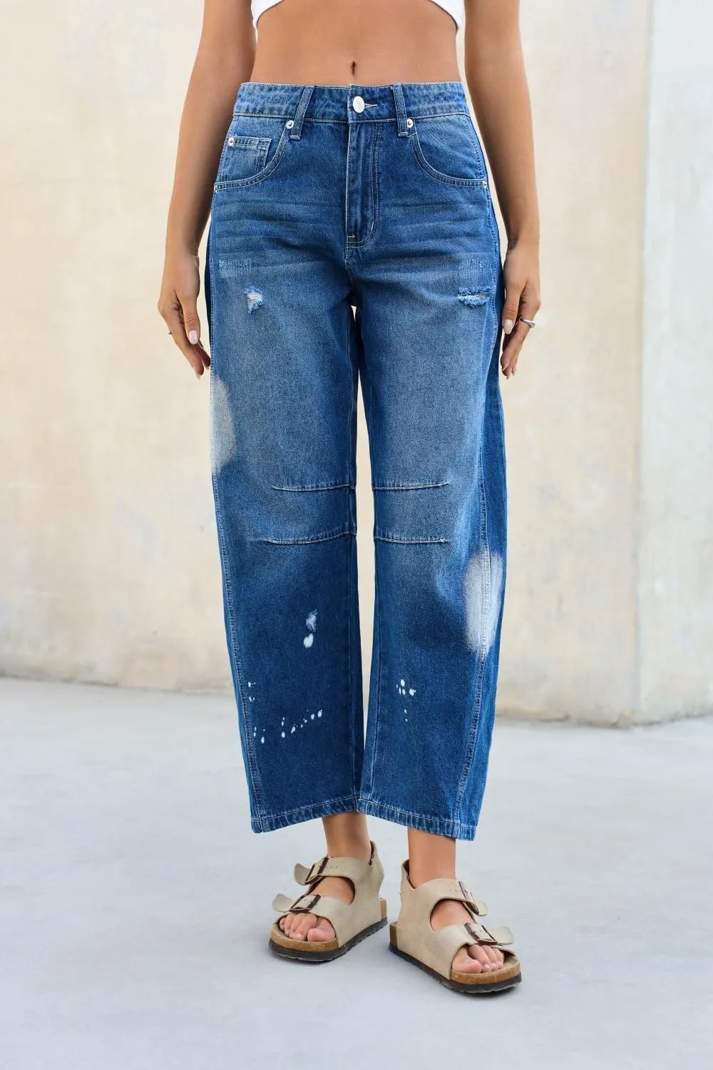 Mid Rise Barrel Jeans for Women Wide Leg Mid Waist Cropped Denim Pants Y2k Baggy Boyfriend Jeans with Pockets