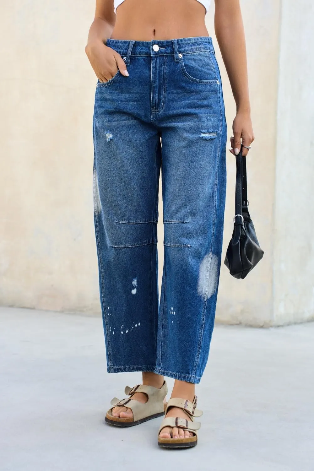 Mid Rise Barrel Jeans for Women Wide Leg Mid Waist Cropped Denim Pants Y2k Baggy Boyfriend Jeans with Pockets