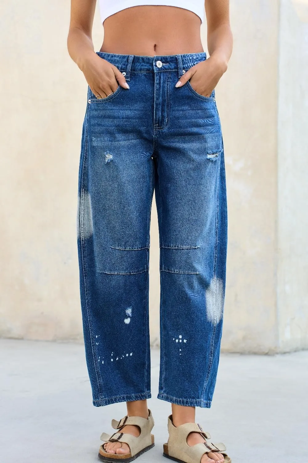 Mid Rise Barrel Jeans for Women Wide Leg Mid Waist Cropped Denim Pants Y2k Baggy Boyfriend Jeans with Pockets