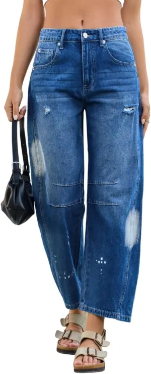Mid Rise Barrel Jeans for Women Wide Leg Mid Waist Cropped Denim Pants Y2k Baggy Boyfriend Jeans with Pockets