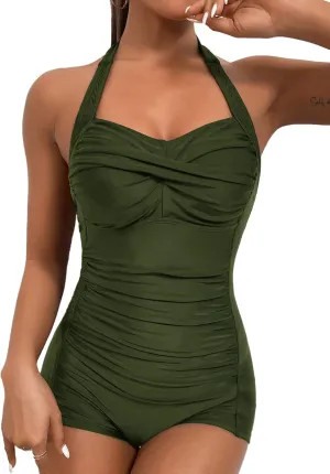 MOLYBELL Womens Boyleg Ruched Swimsuit One Piece Bathing Suit Tummy Control