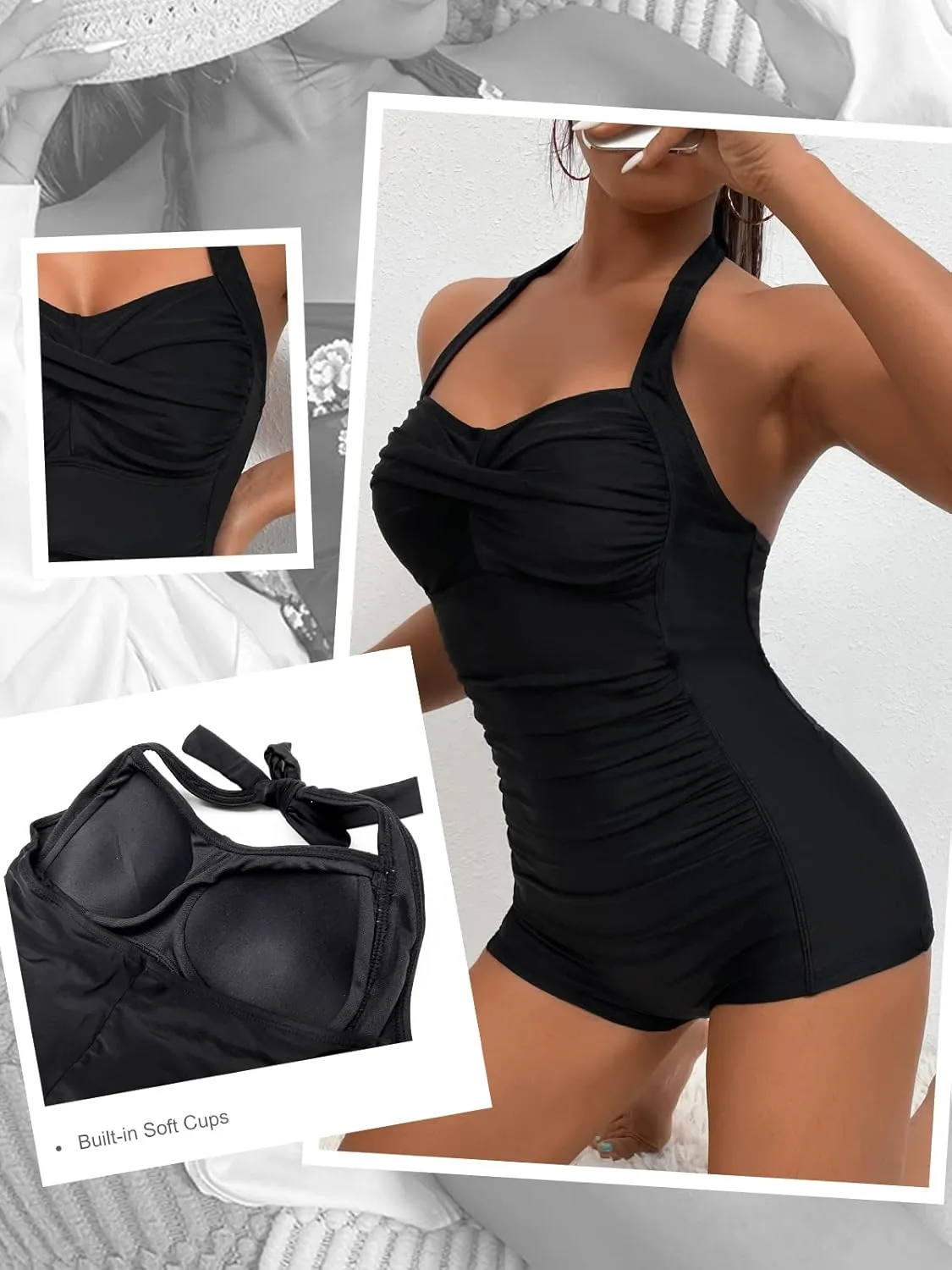 MOLYBELL Womens Boyleg Ruched Swimsuit One Piece Bathing Suit Tummy Control