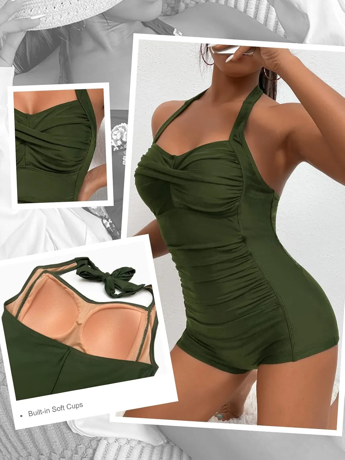MOLYBELL Womens Boyleg Ruched Swimsuit One Piece Bathing Suit Tummy Control