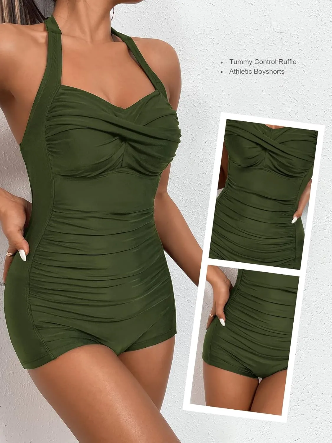 MOLYBELL Womens Boyleg Ruched Swimsuit One Piece Bathing Suit Tummy Control