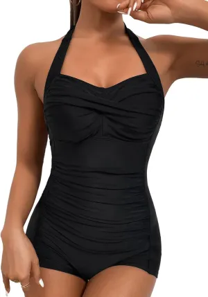 MOLYBELL Womens Boyleg Ruched Swimsuit One Piece Bathing Suit Tummy Control