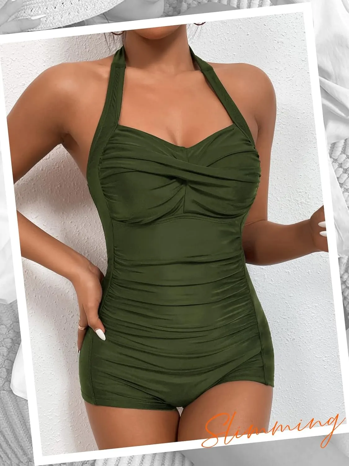 MOLYBELL Womens Boyleg Ruched Swimsuit One Piece Bathing Suit Tummy Control