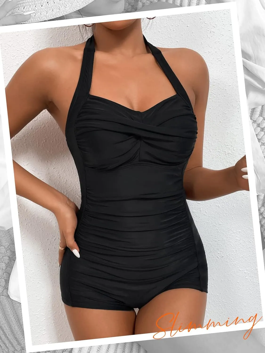 MOLYBELL Womens Boyleg Ruched Swimsuit One Piece Bathing Suit Tummy Control