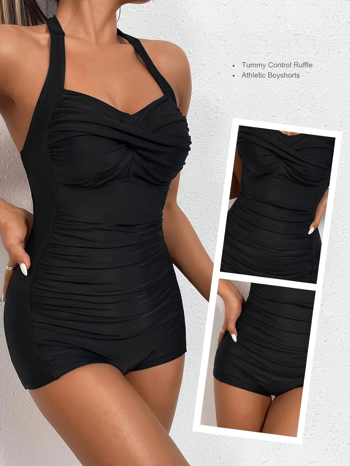 MOLYBELL Womens Boyleg Ruched Swimsuit One Piece Bathing Suit Tummy Control