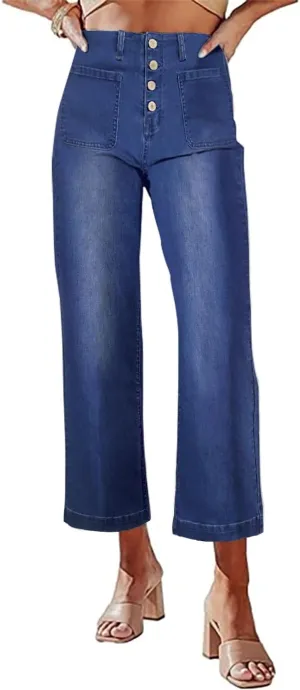 Necooer Womens Boyfriend Jeans Cropped Loose Wide Leg Baggy Jeans Casual Stretchy Denim Pants