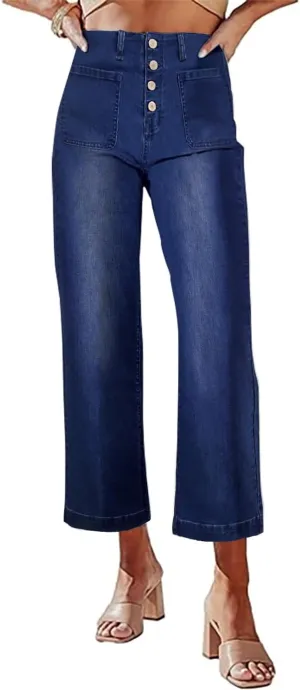 Necooer Womens Boyfriend Jeans Cropped Loose Wide Leg Baggy Jeans Casual Stretchy Denim Pants