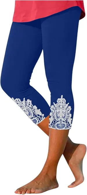 New Leggings for Women Lace Capri Slim Fit Yoga Pants Soft Lace Hem Stretch Crop Tights Comfy Workout Running Pant