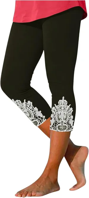 New Leggings for Women Lace Capri Slim Fit Yoga Pants Soft Lace Hem Stretch Crop Tights Comfy Workout Running Pant