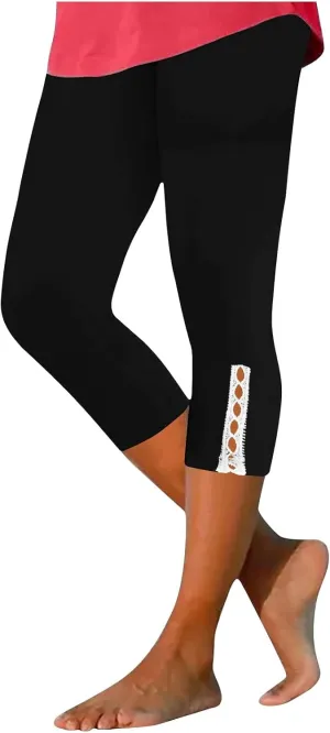 New Leggings for Women Lace Capri Slim Fit Yoga Pants Soft Lace Hem Stretch Crop Tights Comfy Workout Running Pant